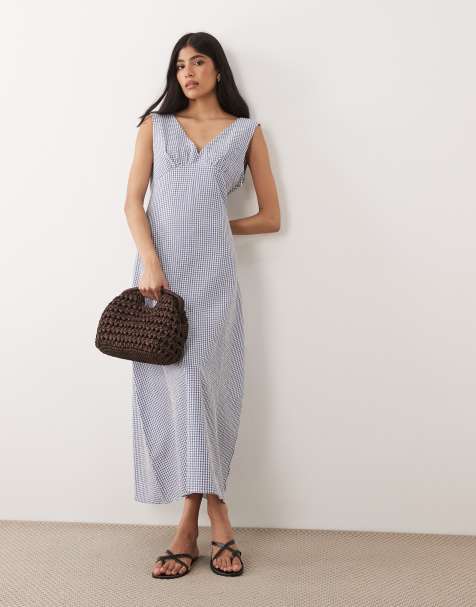 ASOS DESIGN - Midikjole med V-hals og blåt gingham-tern - view 1
