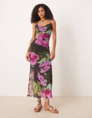 ASOS DESIGN - Midikjole med vandfaldsudskæring og blomstermønster i mesh - view 1
