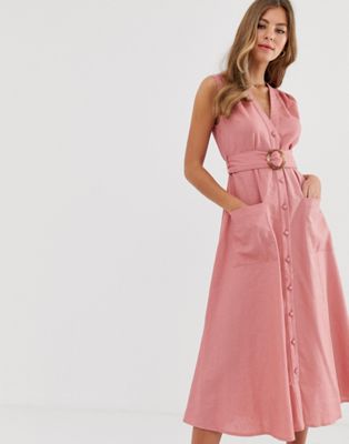 ASOS DESIGN – Midiklänning i linne med knappar och skärp-Rosa