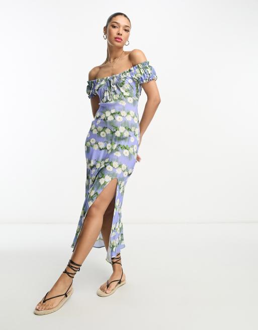 ASOS DESIGN – Midiklänning i suddigt blommönstrad viskos och milkmaid-modell med knytning vid halsen