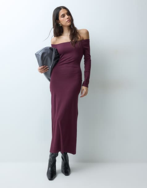 ASOS DESIGN midiklänning med bara axlar i vinröd ribb - view 1
