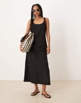 ASOS DESIGN - Midikleid aus Baumwoll-Leinen in Schwarz mit U-Ausschnitt