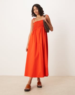 ASOS DESIGN - Midikleid aus Baumwoll-Popeline in Rot mit gesmokter Brustpartie
