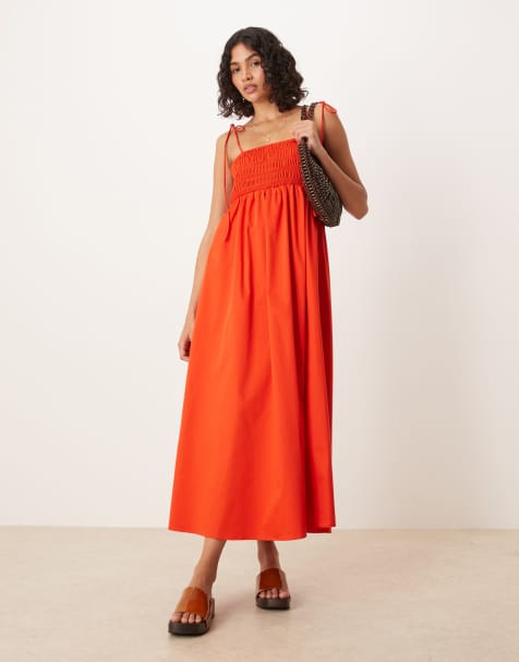 ASOS DESIGN – Midikleid aus Baumwoll-Popeline in Rot mit gesmokter Brustpartie - view 1