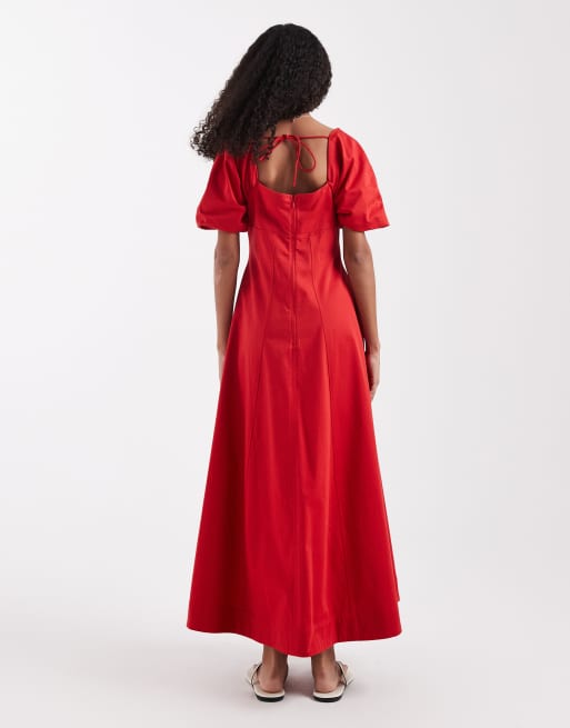 ASOS DESIGN Midikleid aus Baumwolle mit eckigem Ausschnitt, Struktur und Rückenträger in Tomatenrot, 4 von 4