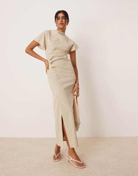 ASOS DESIGN – Midikleid aus Bengaline in Sandbeige mit geraffter Taille - view 1