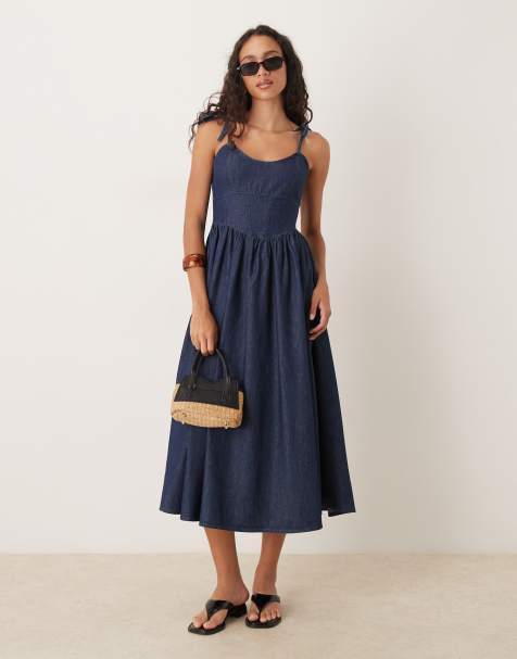 ASOS DESIGN – Midikleid aus Denim im Ballerina-Design in Mittelblau - view 1