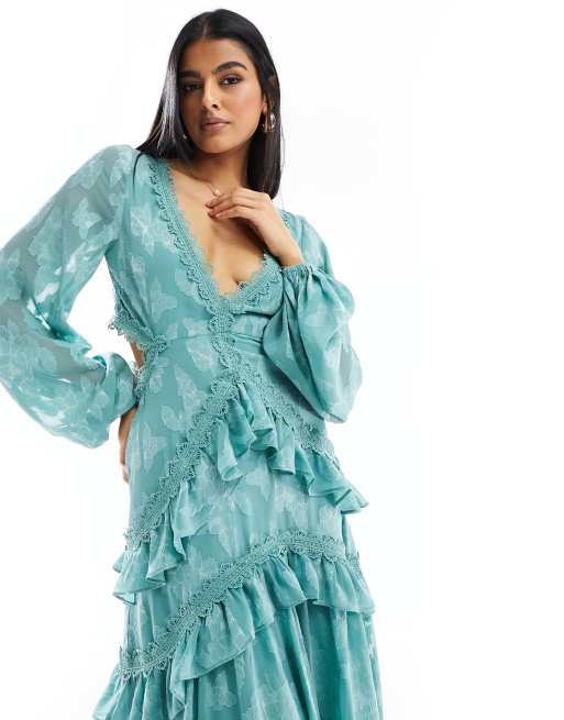 ASOS DESIGN – Midikleid aus geblümtem Jacquard in Meeresgrün mit Zierausschnitt, 4 von 4