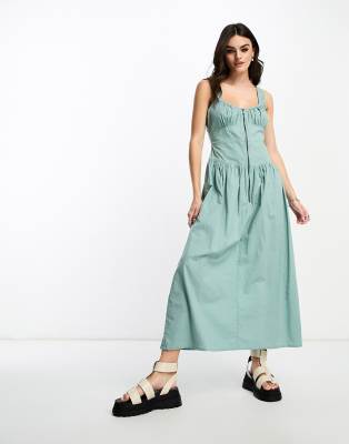 ASOS DESIGN - Midikleid aus gewaschener Baumwolle in verwaschenem Blau mit tief angesetzter Taille und Reißverschluss