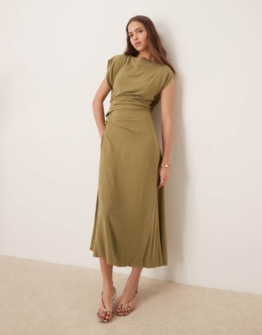 ASOS DESIGN – Midikleid aus Leinen in Khaki mit drapierter Taille und Rückenausschnitt, 2 von 4