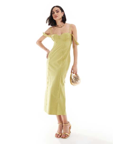 ASOS DESIGN – Midikleid aus Leinen in Olivgrün mit Korsettdetail, unversäumten Kanten und Schnallen - view 1