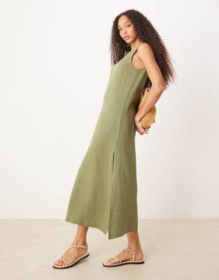 ASOS DESIGN - Midikleid aus Leinen in Olivgrün mit U-Ausschnitt