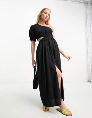 ASOS DESIGN - Midikleid aus Leinen in Schwarz mit One-Shoulder-Träger-Black