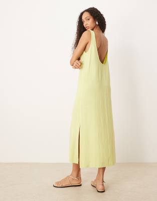 ASOS DESIGN - Midikleid aus Leinen in verwaschenem Limettengrün mit U-Ausschnitt