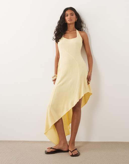 ASOS DESIGN – Midikleid aus Leinenmix in Buttermilchgelb mit Neckholder und Nahtdetail, 3 von 4