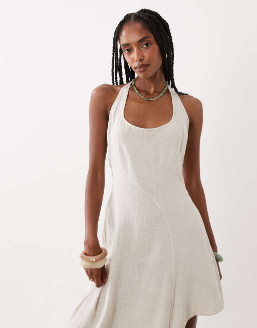 ASOS DESIGN – Midikleid aus Leinenmix in neutraler Farbe mit Neckholder und Nahtdetail, 2 von 4