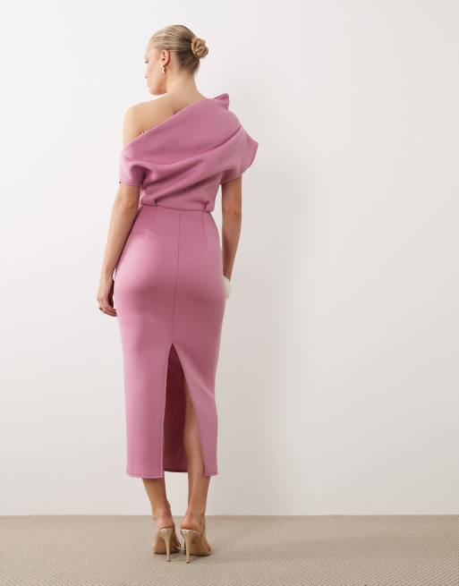ASOS DESIGN – Midikleid aus Material in Neoprenoptik in Rosé mit auffälligem Ausschnitt, 4 von 4