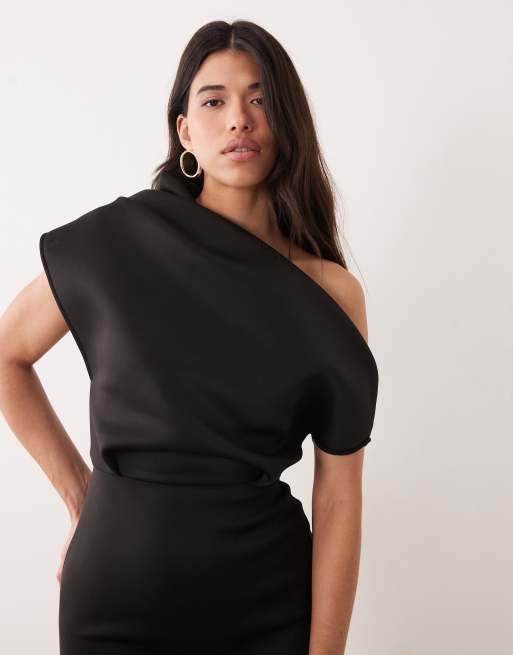 ASOS DESIGN – Midikleid aus Material in Neoprenoptik in Schwarz mit auffälligem Ausschnitt, 2 von 4