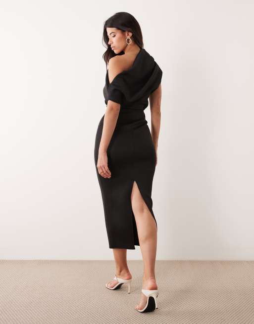 ASOS DESIGN – Midikleid aus Material in Neoprenoptik in Schwarz mit auffälligem Ausschnitt, 3 von 4