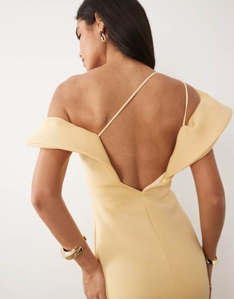 ASOS DESIGN – Midikleid aus neoprenartigem Material in Buttergelb mit verdrehtem Detail und Carmen-Ausschnitt - view 1