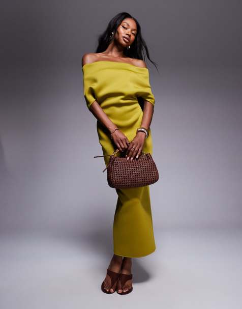 ASOS DESIGN – Midikleid aus neoprenartigem Material in Grün mit breitem Carmen-Ausschnitt und Cape-Detail am Rücken - view 1