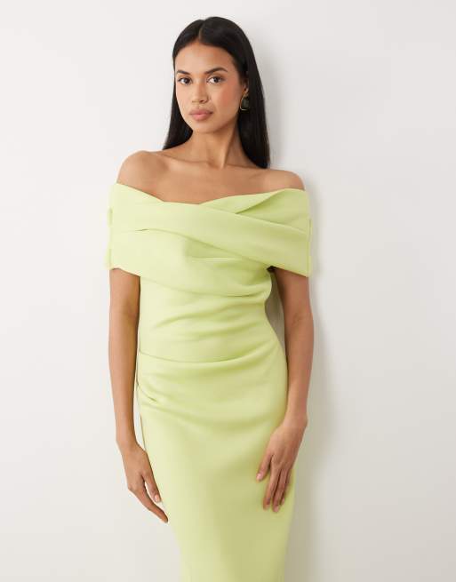 ASOS DESIGN – Midikleid aus neoprenartigem Material in Hellgrün mit Schlitz und Carmen-Ausschnitt, 2 von 4