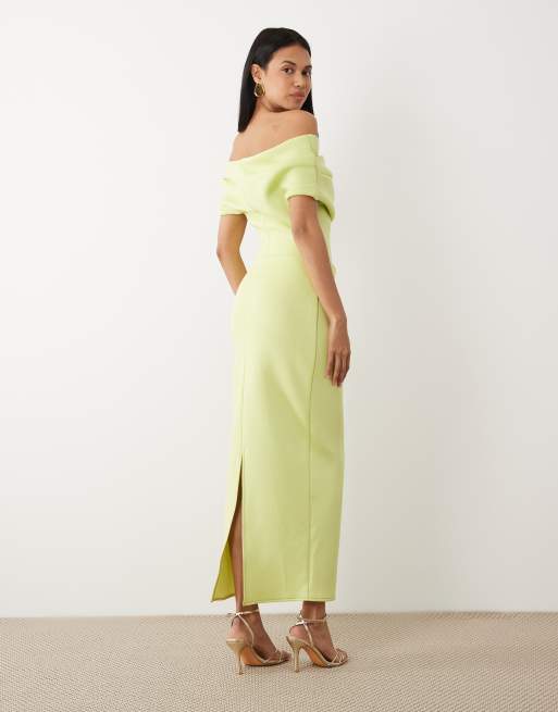 ASOS DESIGN – Midikleid aus neoprenartigem Material in Hellgrün mit Schlitz und Carmen-Ausschnitt, 3 von 4