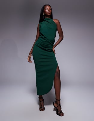ASOS DESIGN - Midikleid aus neoprenartigem Stoff in Dunkelgrün mit One-Shoulder-Träger