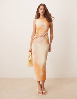 ASOS DESIGN - Midikleid aus Netzstoff in Gelb und Orange mit Farbverlauf und verdrehtem Detail vorne an der Taille-Bunt