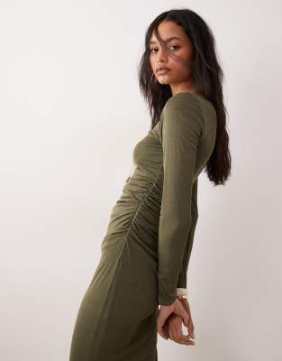 ASOS DESIGN - Midikleid aus Netzstoff in Khaki-Grün