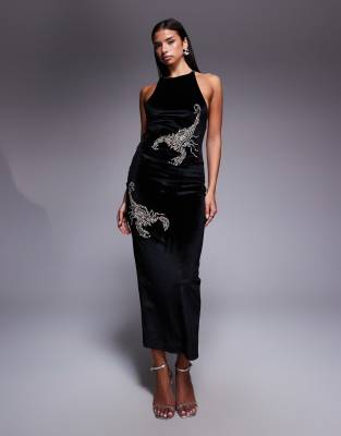 ASOS DESIGN - Midikleid aus Samt mit Skorpion-Verzierung-Schwarz