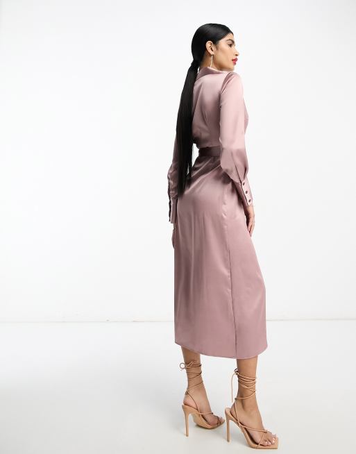 ASOS DESIGN – Midikleid aus Satin in dunklem Rosé mit Wickeldesign, Bindegürtel und Kragen, 3 von 4