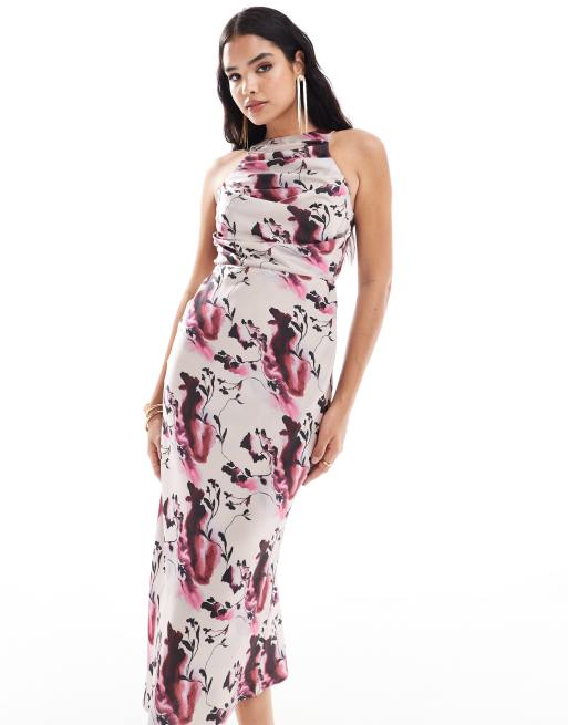 ASOS DESIGN – Midikleid aus Satin mit drapiertem Oberteil und Blumenmuster, 3 von 4