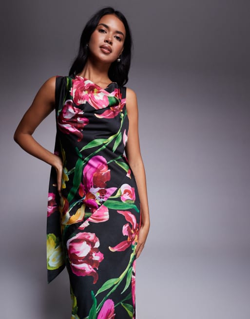 ASOS DESIGN – Midikleid aus Satin mit schwarzem Blumenprint, drapiertem Ausschnitt und langem Bindeband am Rücken, 3 von 4