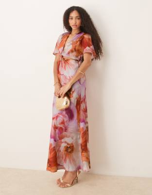 ASOS DESIGN - Midikleid aus Satin mit Zierknoten, Cut-out-Design und Blumenmuster in Rosa und Orange-Bunt