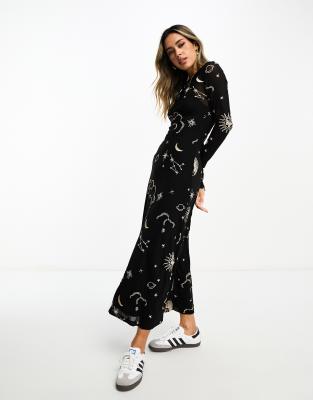 ASOS DESIGN - Midikleid aus schwarzem Netzstoff mit aufgestickten Himmelskörpermotiven