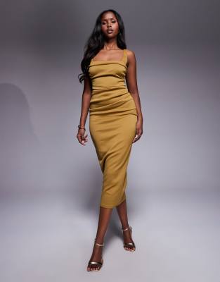 ASOS DESIGN - Midikleid aus Scuba-Stoff in Bronze mit geschwungenem Ausschnitt-Kupfer