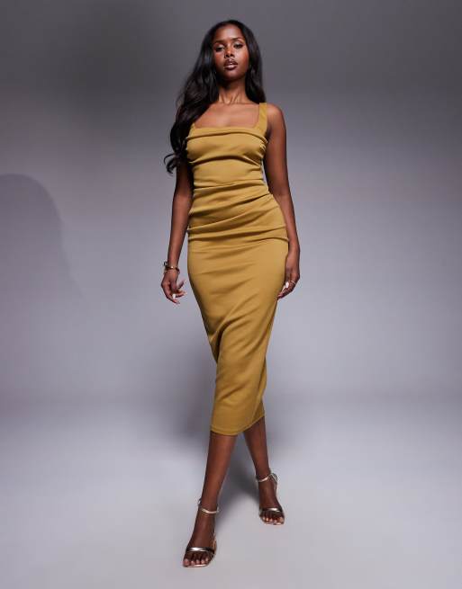 ASOS DESIGN – Midikleid aus Scuba-Stoff in Bronze mit geschwungenem Ausschnitt