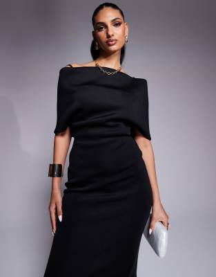 ASOS DESIGN - Midikleid aus Scuba-Stoff in Schwarz mit Bardot-Ausschnitt und Cape-Detail