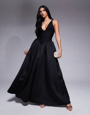 ASOS DESIGN - Midikleid aus Scuba- und Bandagen-Stoff in Schwarz mit tiefem Ausschnitt und weitem Rock
