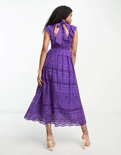 ASOS DESIGN – Midikleid aus Spitze in Lila mit Schleife am Rücken, 2 von 4