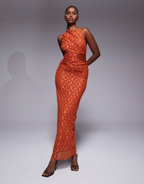 ASOS DESIGN – Midikleid aus Spitze in Rostrot mit Drapierung, Wasserfallausschnitt und Cut-Outs mit Netzstoff - view 1
