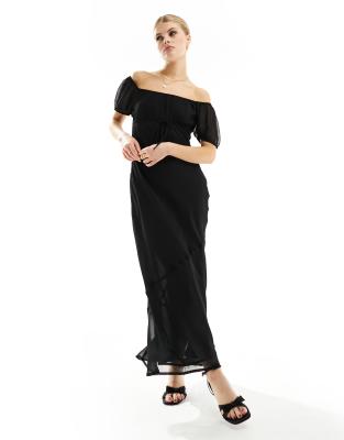 ASOS DESIGN - Midikleid aus strukturiertem Chiffon in Schwarz mit Dekolleté im Milchmädchen-Design und Ziernähten