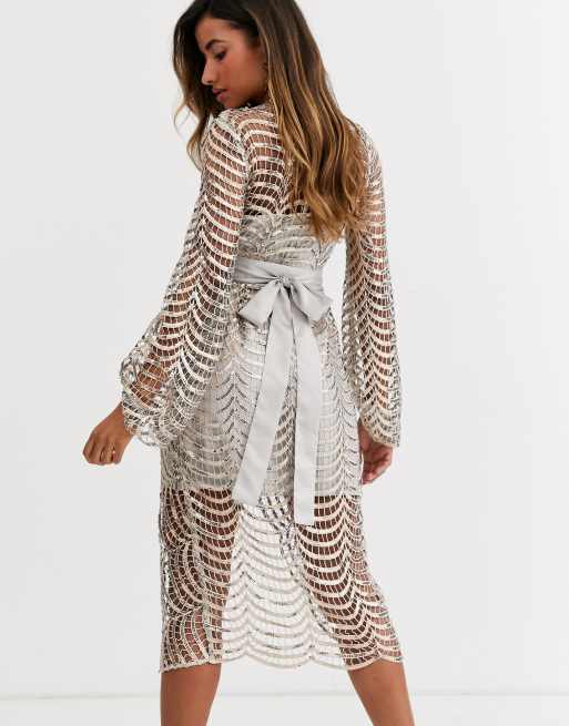 ASOS DESIGN – Midikleid aus verzierter Spitze mit Blousonärmeln und Bindegürtel, 2 von 4