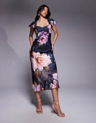 ASOS DESIGN - Midikleid für besondere Anlässe aus Satin in Lila mit Blumenprint und Flatterärmeln-Bunt