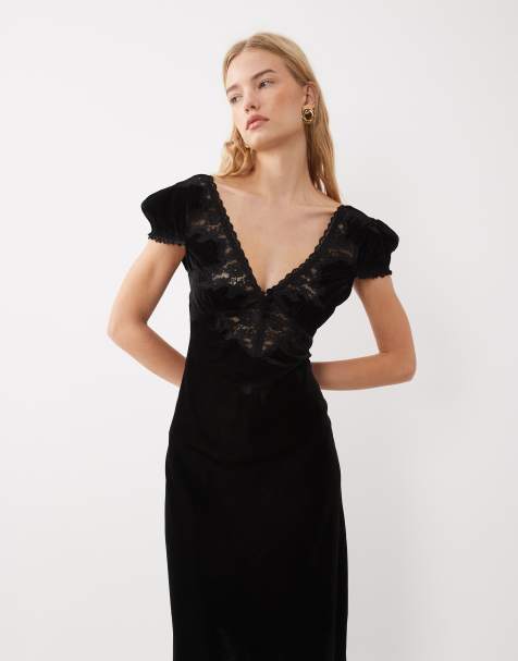 ASOS DESIGN Midikleid im Tea-Dress-Stil aus Samt mit Spitze in Schwarz - view 1