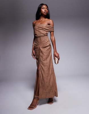 ASOS DESIGN - Midikleid im Used-Look in Schokobraun mit Struktur, Bardot-Ausschnitt und unverarbeiteten Einsätzen