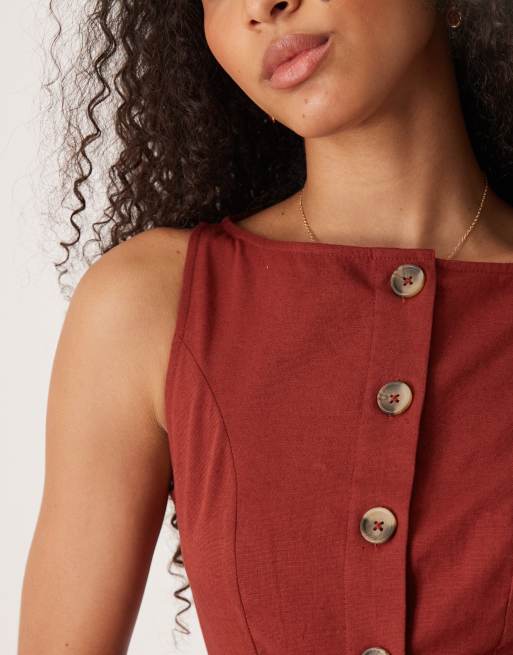 ASOS DESIGN – Midikleid im Westenstil in Burgunderrot mit U-Boot-Ausschnitt und Knopfleiste, 3 von 4