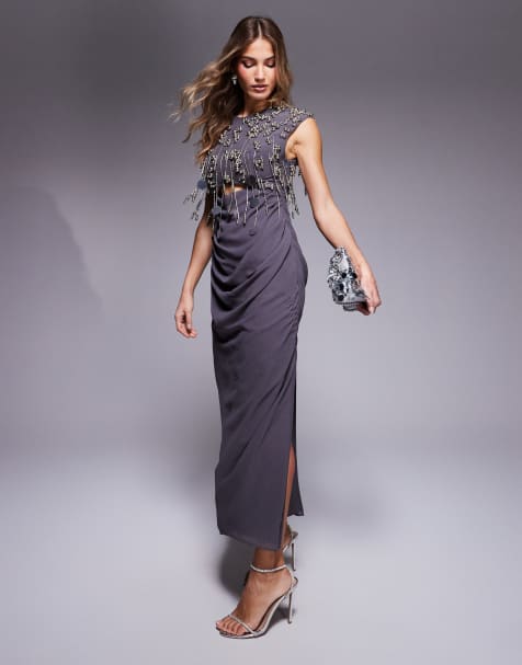 ASOS DESIGN – Midikleid in Anthrazit mit Cluster-Verzierung am Oberteil und drapiertem Rock - view 1