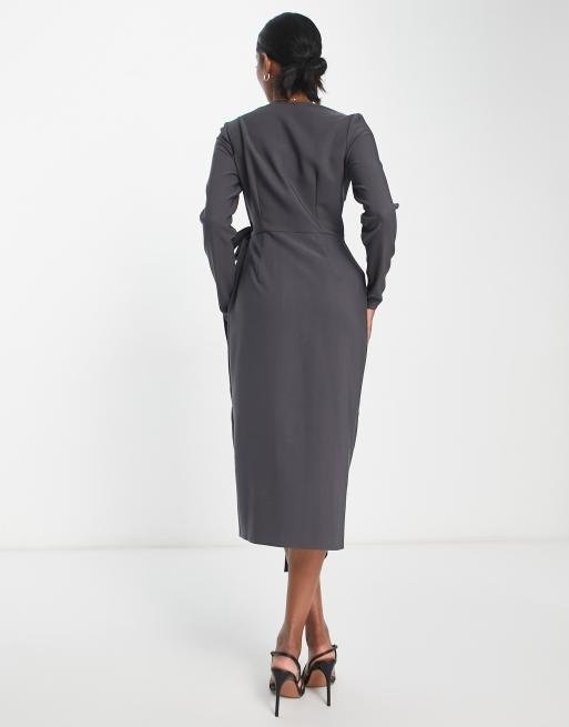 ASOS DESIGN – Midikleid in Anthrazit mit V-Ausschnitt und gedrehtem Wickeldetail, 2 von 4